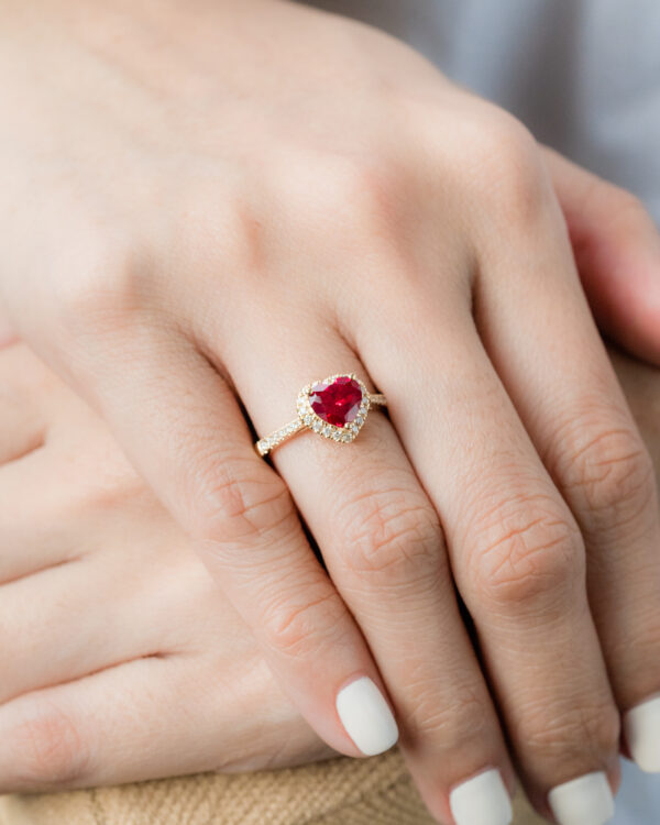 Lab-Created Ruby Heart Ring 1/8 ct tw Diamonds 10K Rose Gold